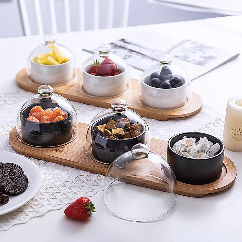 Ceramic Dessert Bowl with Wood Platter