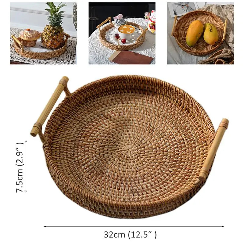 Handwoven Rattan Round Serving Tray with Handles